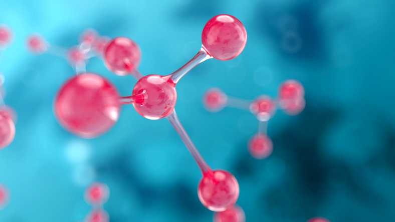 Abstract pink atomic or molecular structure on blue background. 3d render illustration